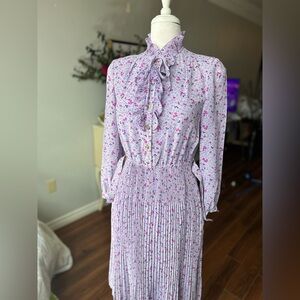 Vintage, floral, pleated, long sleeve dress, retro, feminine, light academia